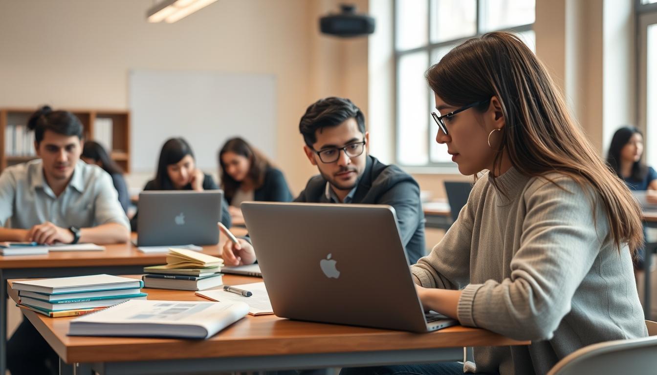 Students studying together in modern classroom
